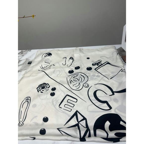 Chanel White and Black Silk Scarf with Iconic Logo and Motifs